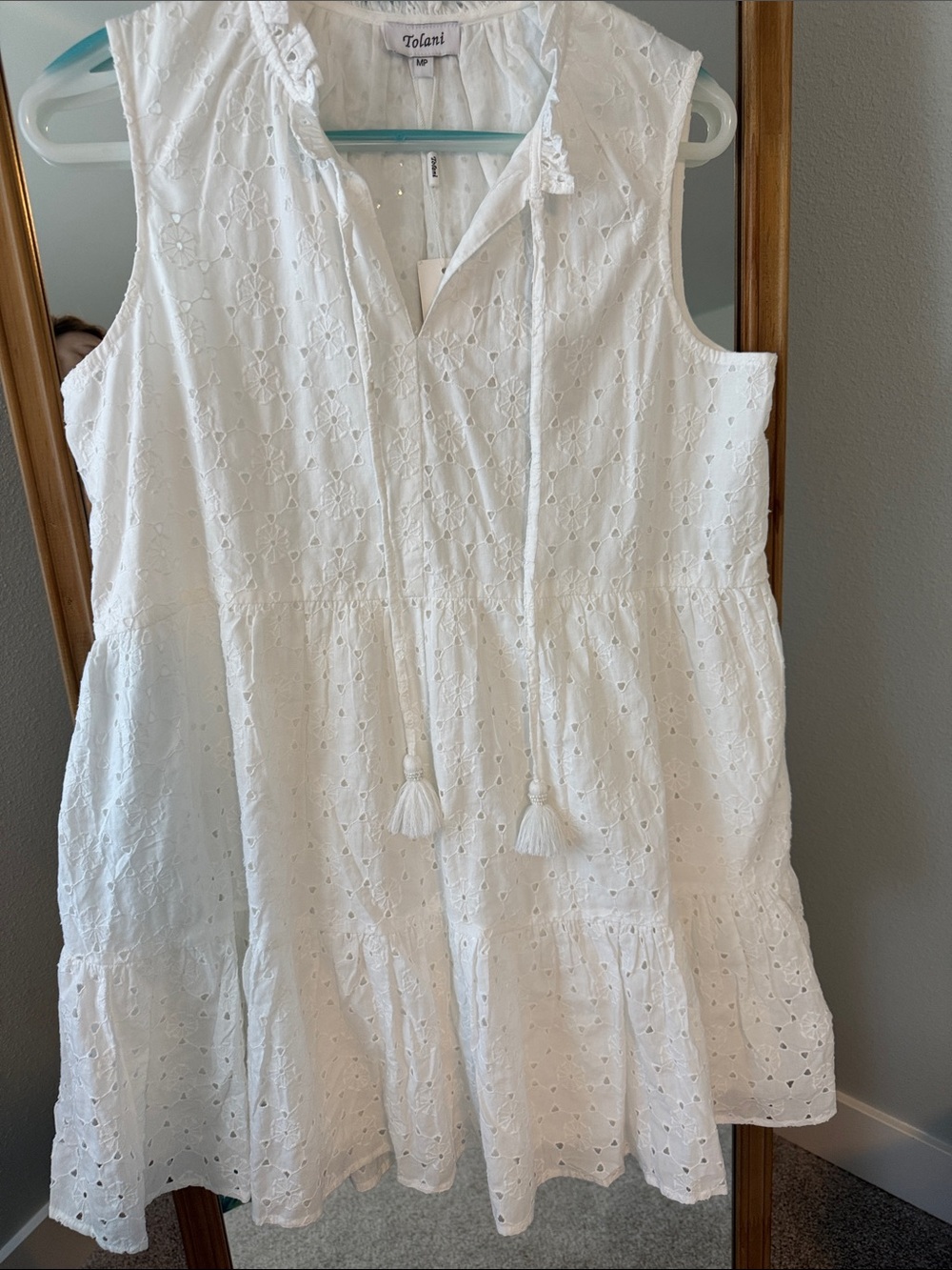 Tolani White Eyelet Tiered Tassel Dress
